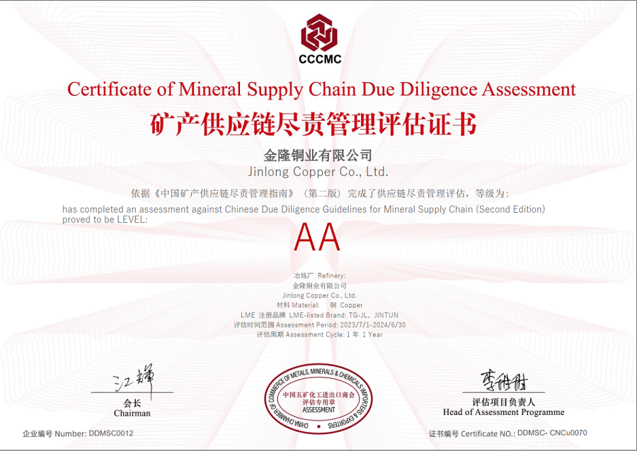 公司2024年矿产供应链尽责管理评估等级获得AA评级